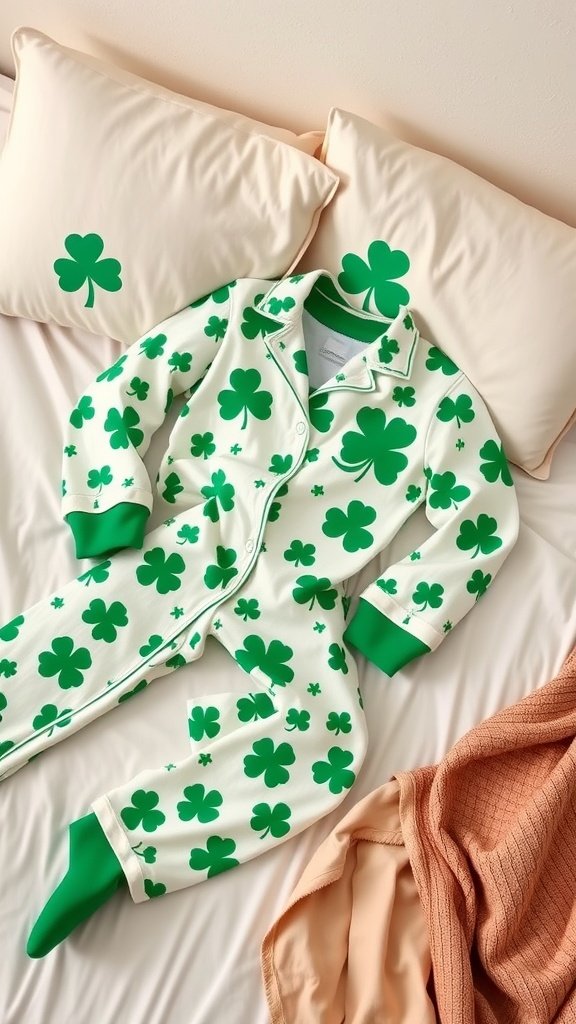 A cozy St. Patrick's Day pajama set with green shamrocks laid out on a bed with pillows featuring shamrock designs.