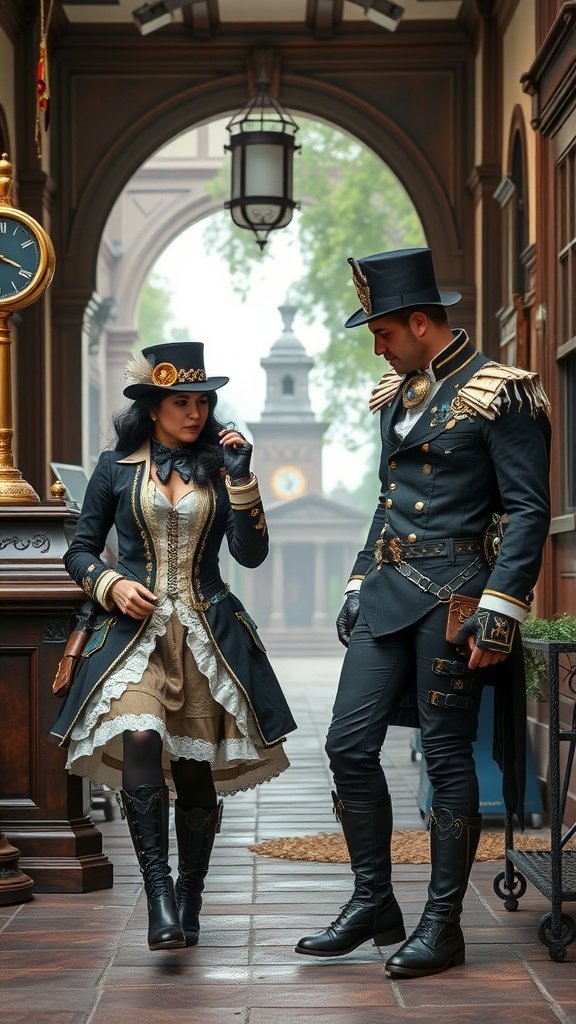 A couple in steampunk outfits, featuring a woman in a layered dress with gloves and a hat, and a man in a tailored coat and accessories, set in a vintage-style location.