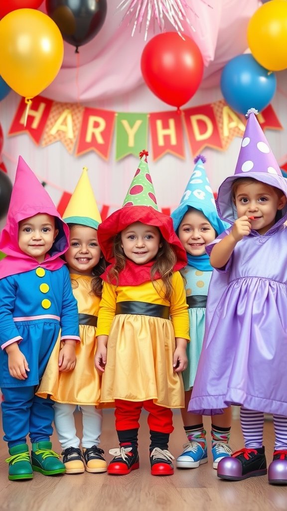 Five children in colorful storybook character costumes at a birthday party.