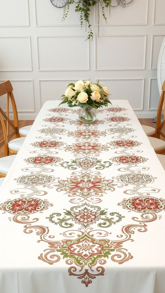 A table with a decorative runner featuring floral patterns, complemented by a vase of white roses