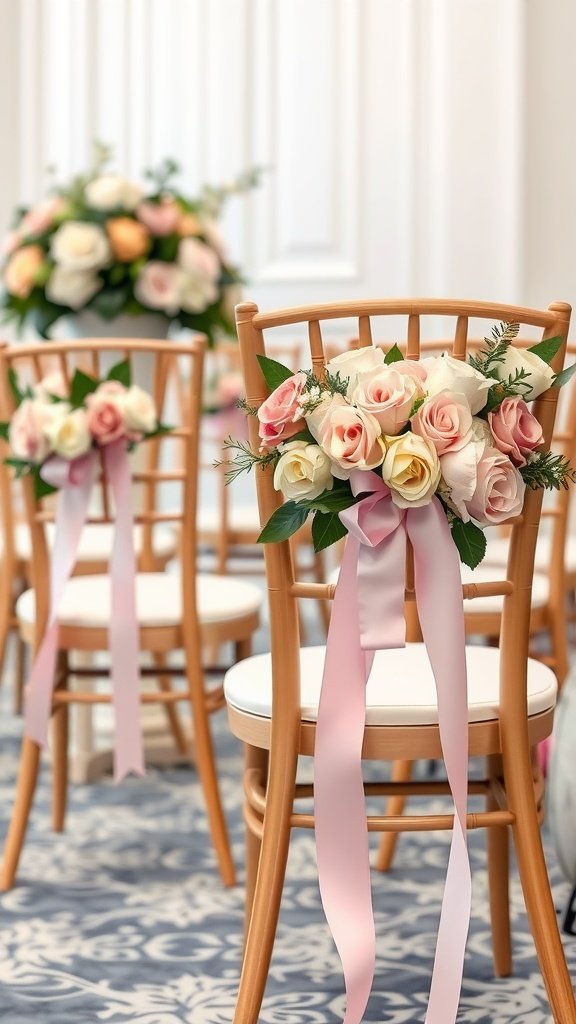 Wooden chairs decorated with roses and pink ribbons for a bridal shower