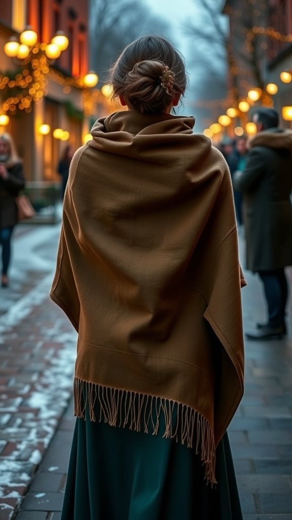 A woman in an olive green dress wearing a stylish brown wrap, standing in a softly lit evening street.