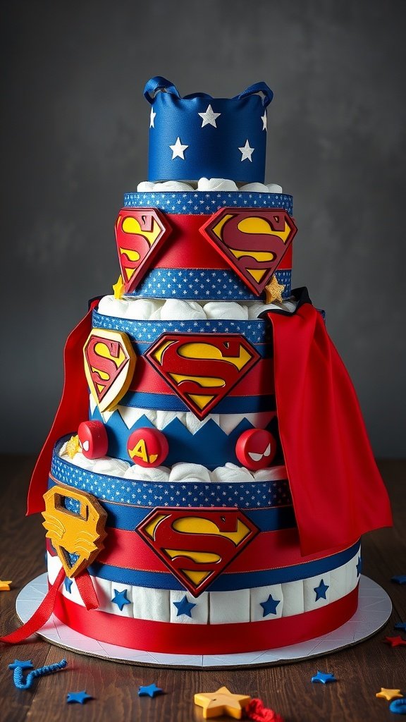 A tiered diaper cake themed around superheroes, featuring colorful ribbons and superhero logos.
