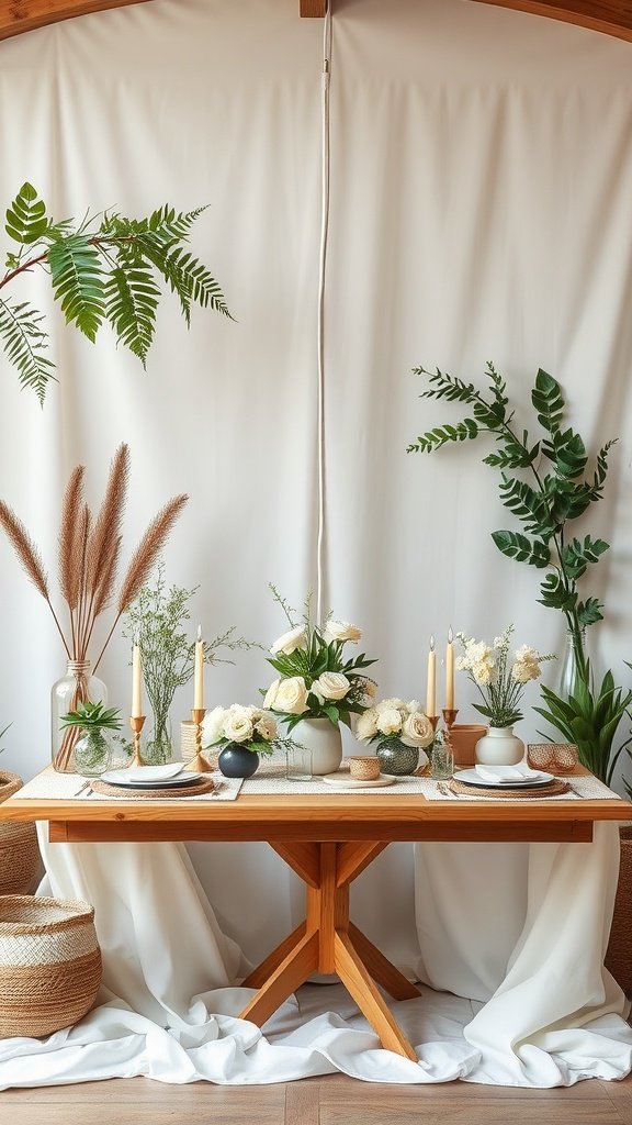 A beautifully styled bridal shower table featuring white flowers, candles, and greenery, set in a natural, eco-friendly arrangement.
