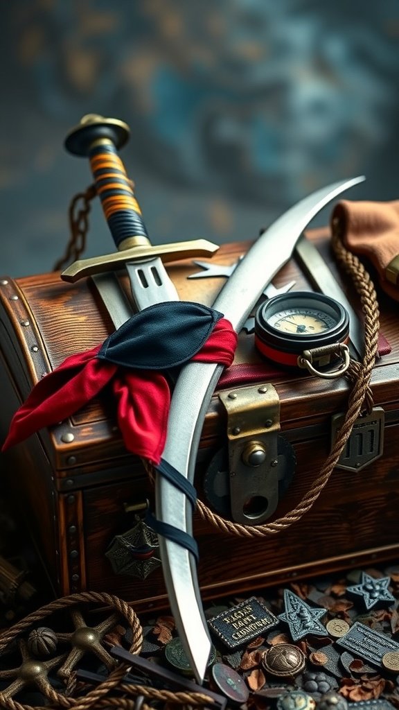 A collection of pirate accessories, including a sword, compass, and bandana on a treasure chest.