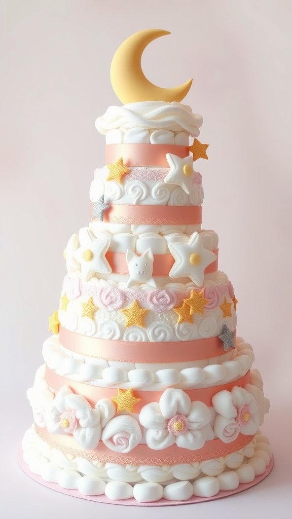 A three-tiered diaper cake decorated with pastel colors, stars, and a crescent moon on top.