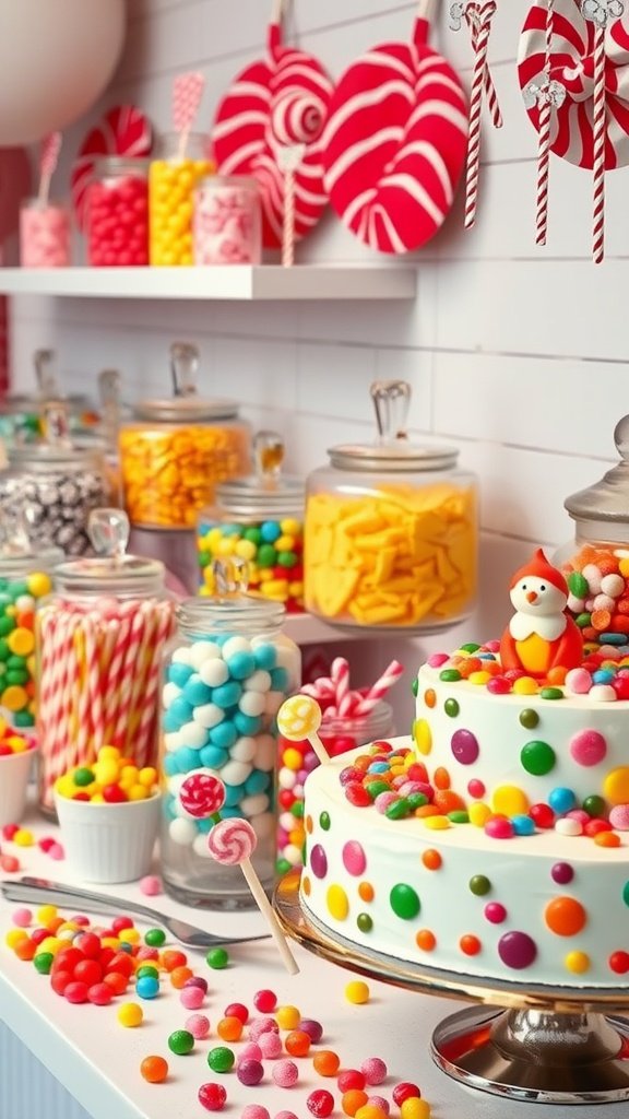 A colorful candy table featuring jars of sweets, a decorated birthday cake, and bright decorations for a child's party.