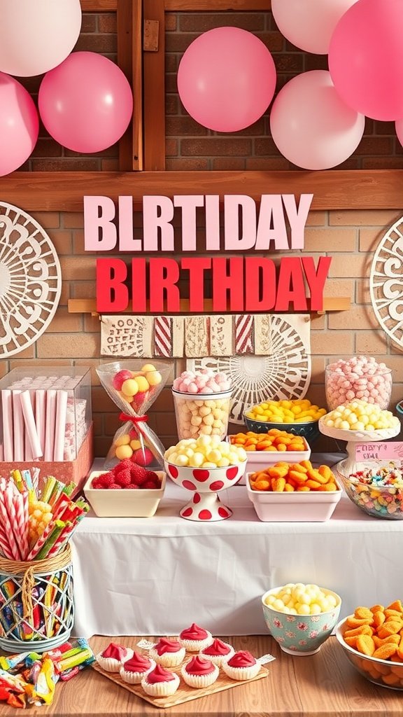 Colorful sweet snack bar for a birthday party with cupcakes, candies, and fruit