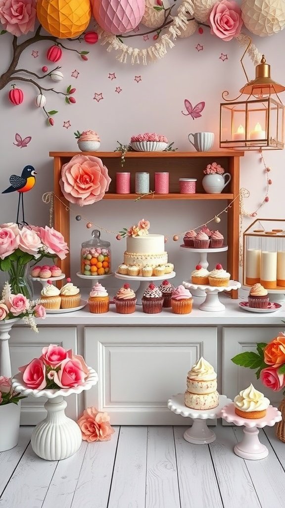 A beautifully arranged dessert bar with colorful cupcakes, flowers, and decorative elements for a 2nd birthday party.