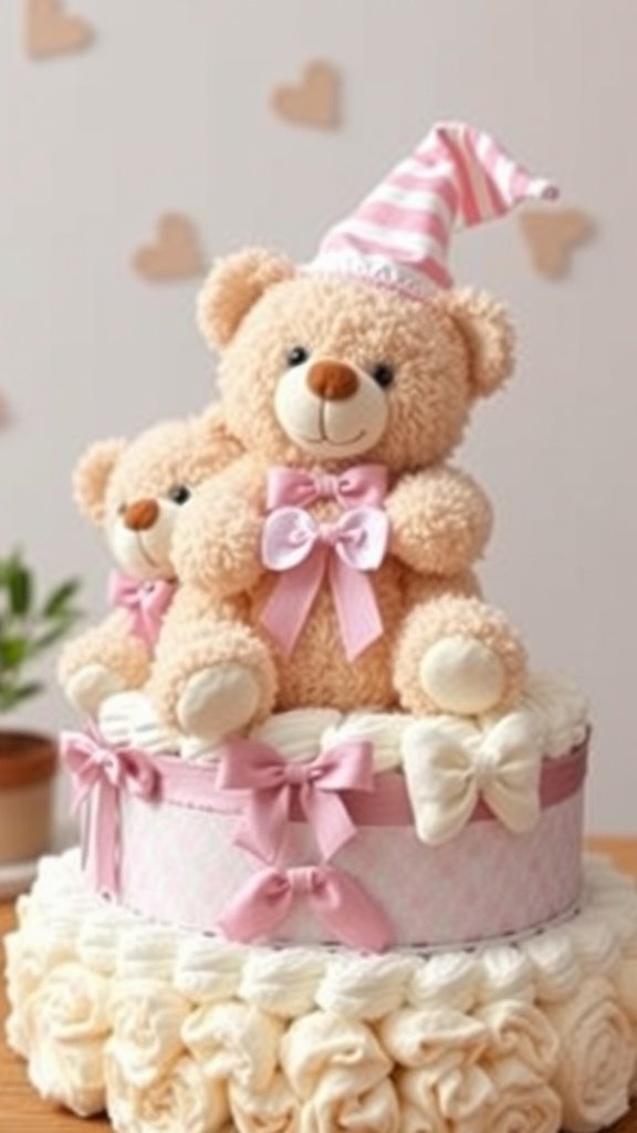 A teddy bear diaper cake featuring two teddy bears on top, decorated with pink ribbons, perfect for a baby boy celebration.