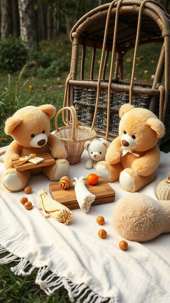 A cozy teddy bear picnic scene with plush bears, a picnic blanket, and wooden boxes filled with pretend treats.