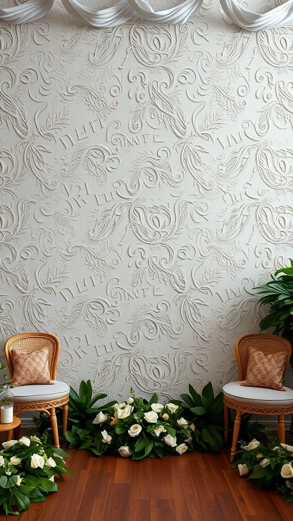 35 Stunning Wedding Wallpaper Ideas to Transform Your Venue Textured wedding wallpaper with floral patterns, featuring two chairs and flower arrangements
