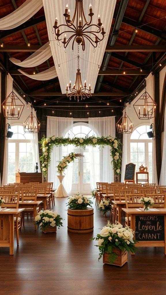 A beautifully decorated wedding ceremony space featuring floral arrangements, wooden chairs, and soft drapes.