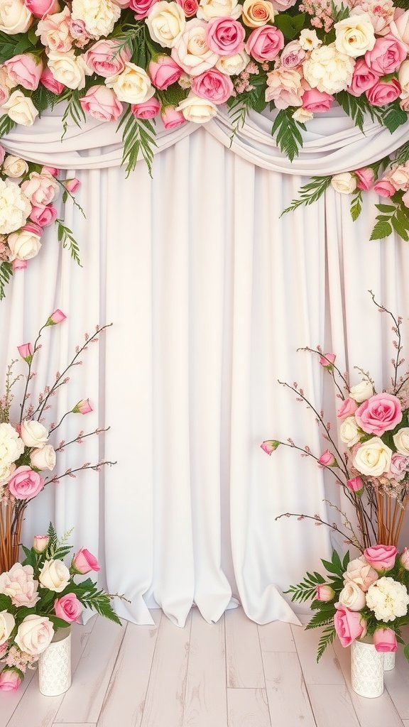 A floral backdrop featuring pink and white roses with draped fabric.