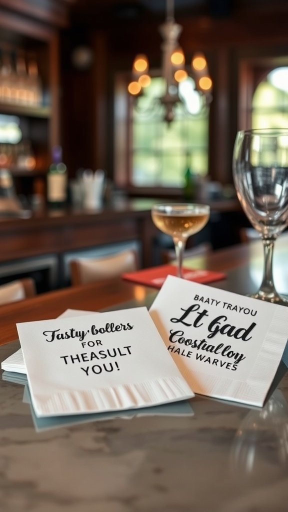 Themed cocktail napkins with playful phrases on a bar counter, next to a cocktail glass.