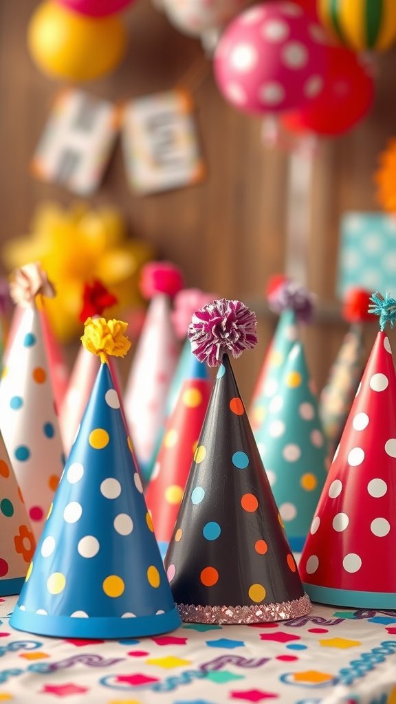 Colorful themed party hats for a birthday celebration