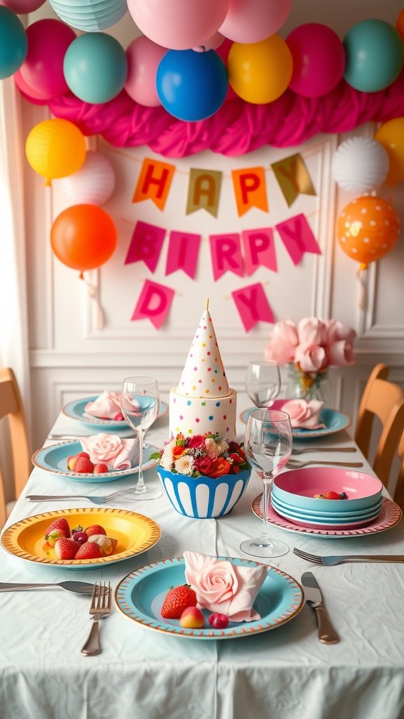 A colorful birthday table setting with plates, a cake, and balloons for a 2nd birthday celebration.