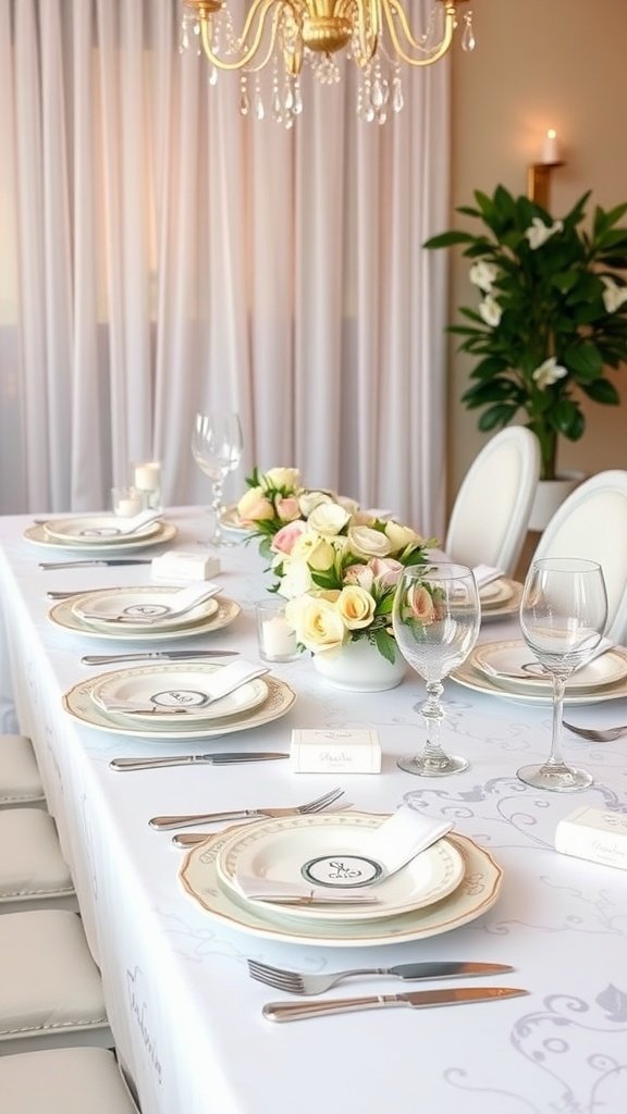 Elegant table setting for a bridal shower with fine china, floral centerpiece, and candles.