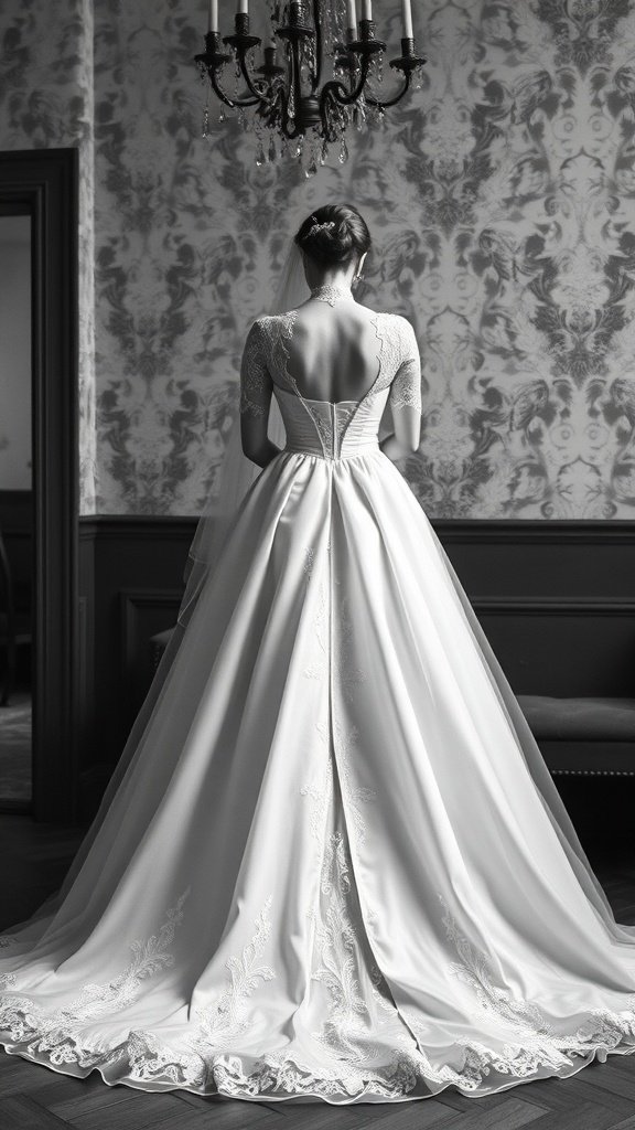 A romantic wedding dress with lace detailing on the back and a flowing skirt, set against a vintage wallpaper backdrop.