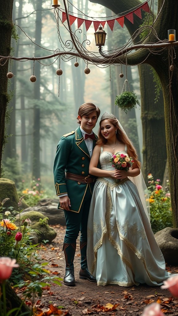 Couple dressed as fairy tale characters in a forest setting