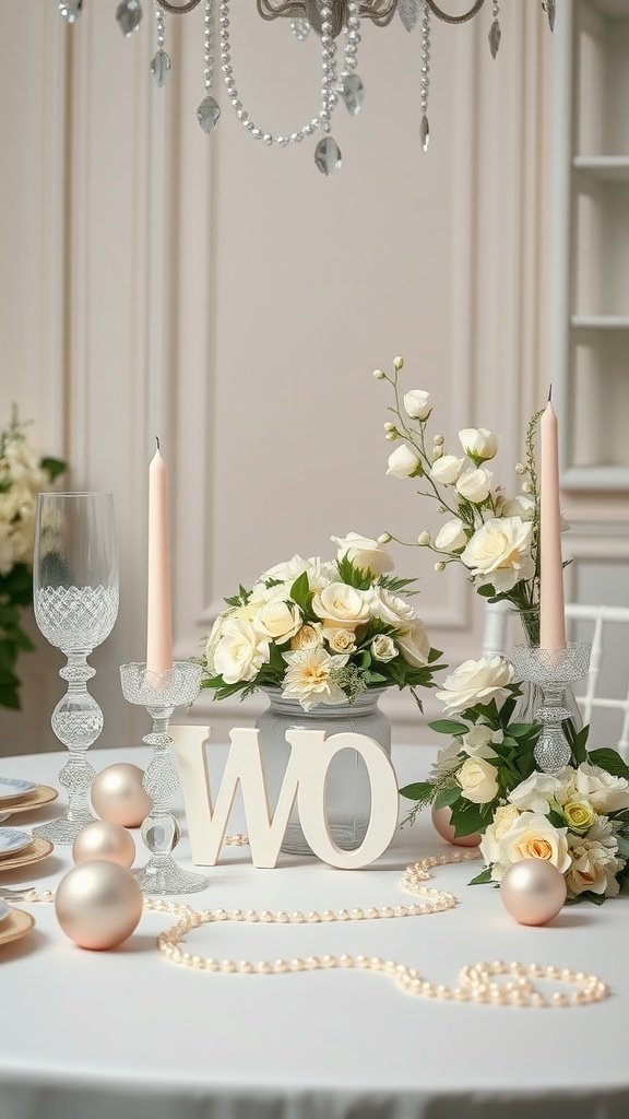 Elegant wedding table setting with pearl accents, candles, and flower arrangements.