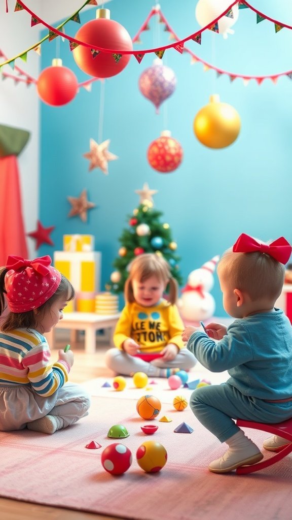 A colorful birthday party scene with toddlers playing on a rug, surrounded by vibrant decorations and toys.
