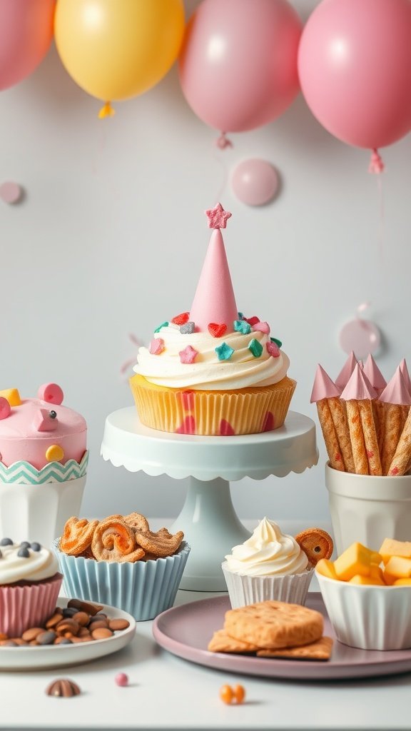 A colorful spread of toddler-friendly treats for a birthday party, featuring cupcakes, cookies, and fruits.