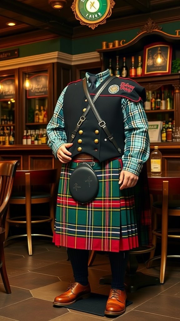 A traditional Irish kilt outfit displayed in a pub setting, featuring a plaid kilt, vest, and accessories.