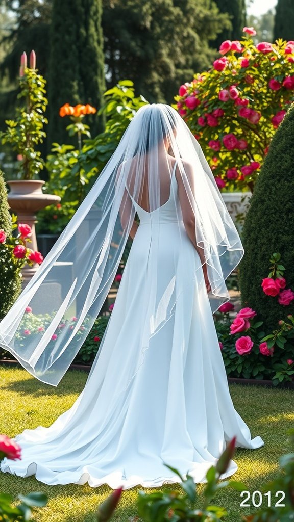 A bride in a white dress with a long veil standing in a garden filled with flowers.