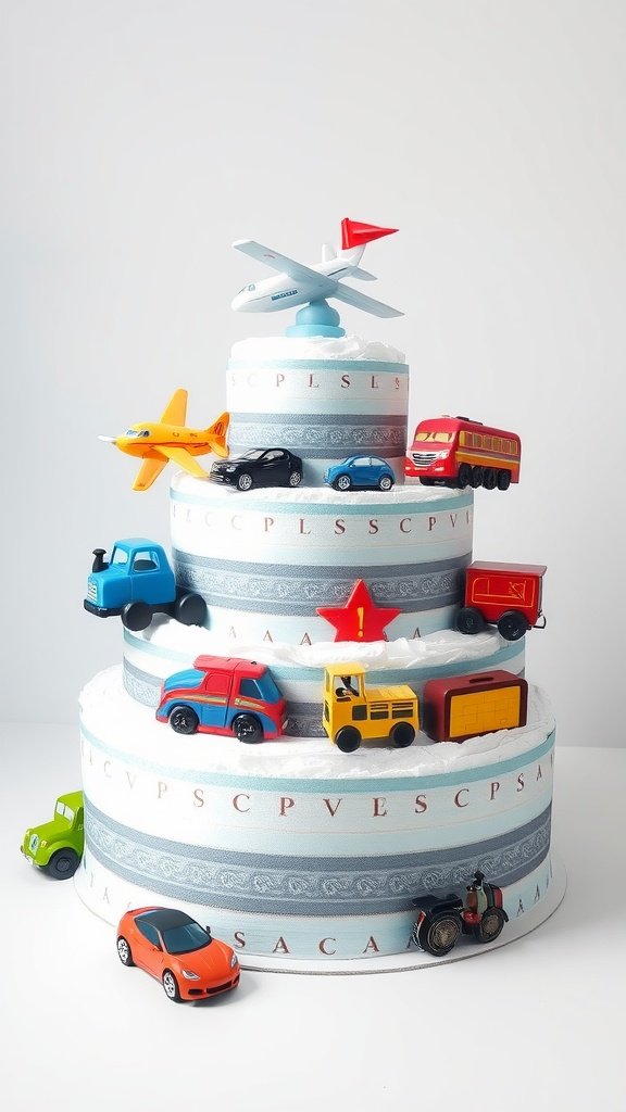 A multi-layered diaper cake decorated with toy cars and an airplane, showcasing a transportation theme.