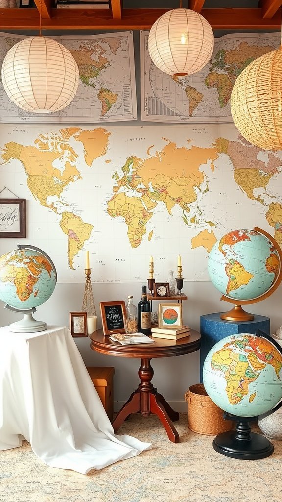 A cozy travel-themed bridal shower setup featuring world maps, globes, and warm lantern lighting.