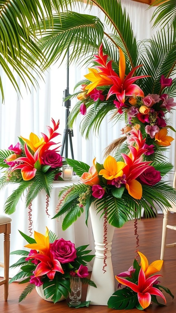 Tropical wedding table setting with vibrant flowers and palm leaves