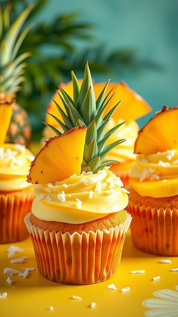 Tropical pineapple cupcakes with frosting and coconut flakes