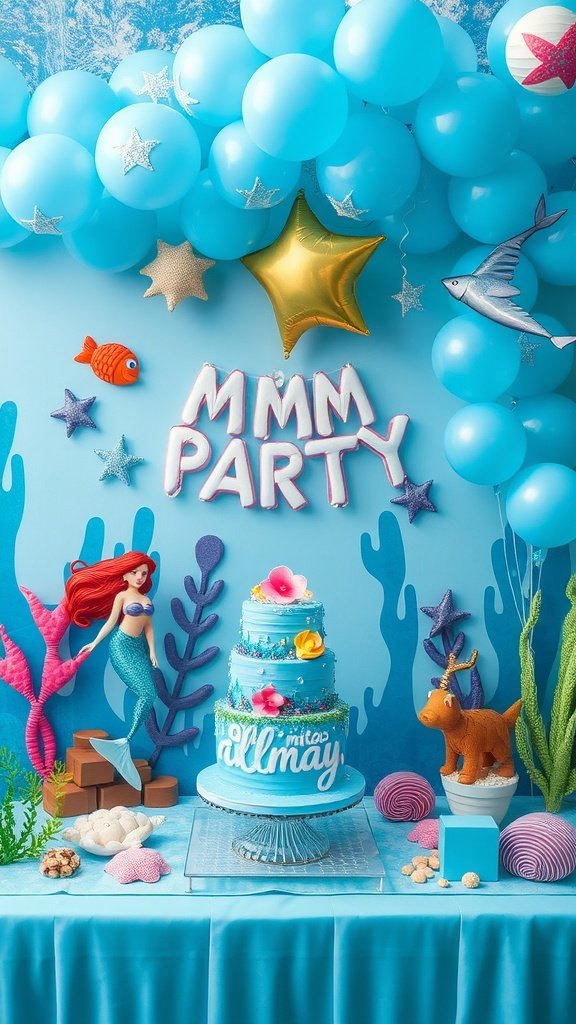 A vibrant birthday party setup with blue balloons, a mermaid theme, and an ocean-inspired cake.
