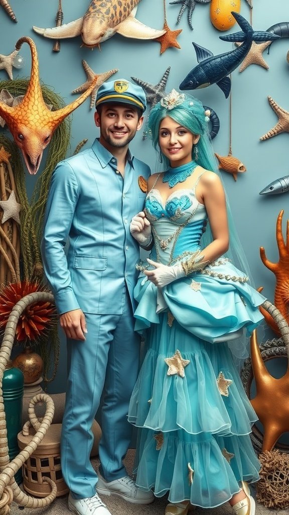 A couple dressed in under the sea themed costumes, with a light blue captain's outfit and an ocean-inspired gown, surrounded by sea creature decorations.