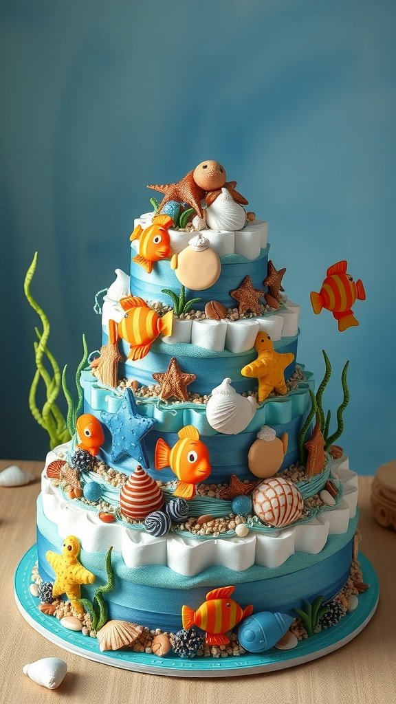 An Under the Sea themed diaper cake decorated with fish, seashells, and starfish.