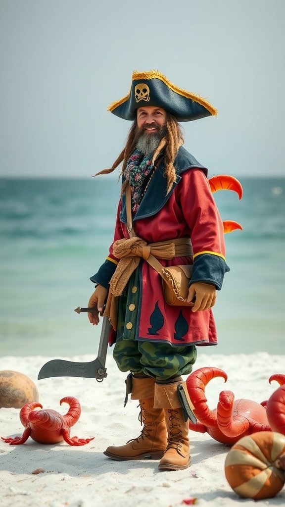 A pirate in a colorful costume standing on a beach with sea creatures around