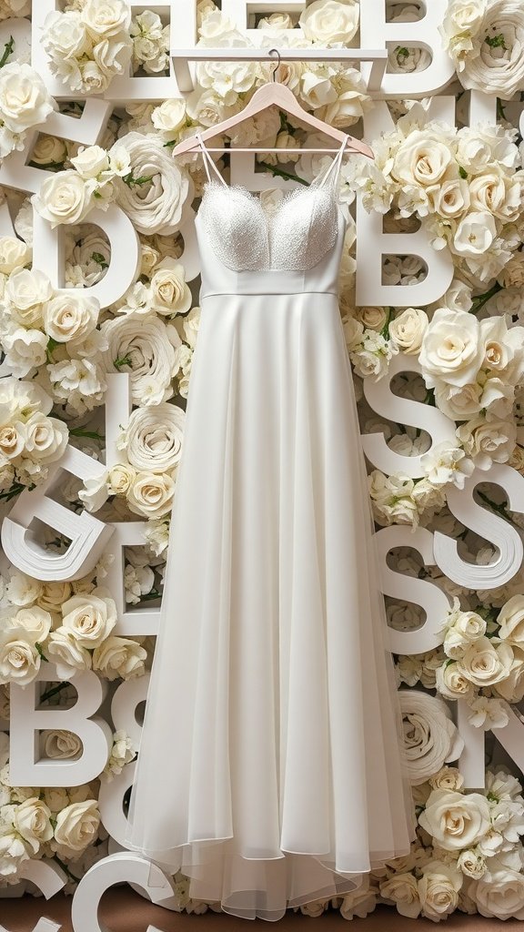 A romantic wedding dress displayed with a backdrop of white roses and decorative letters.
