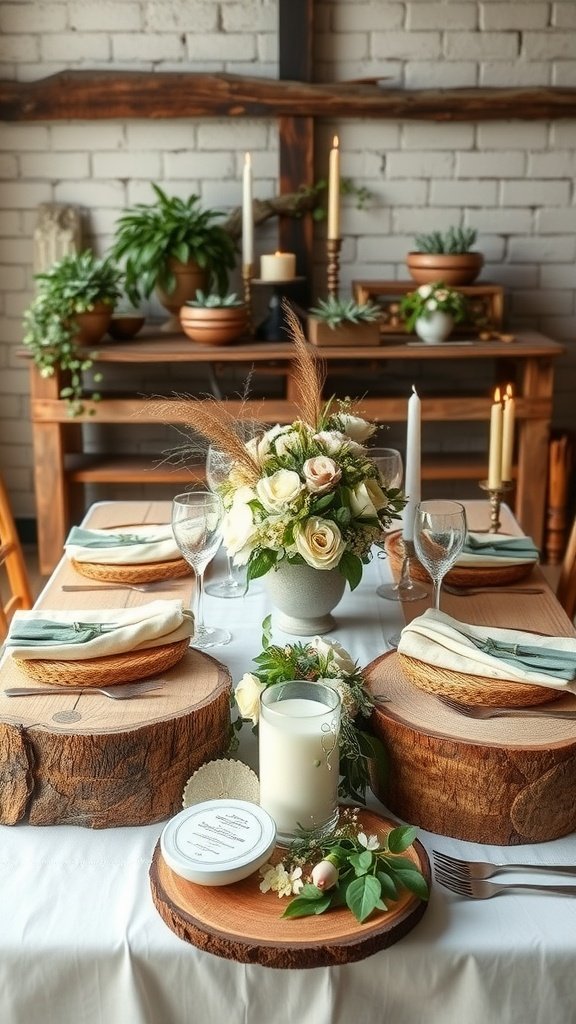 A rustic wedding table setting with wooden slices, floral centerpiece, and soft linens.