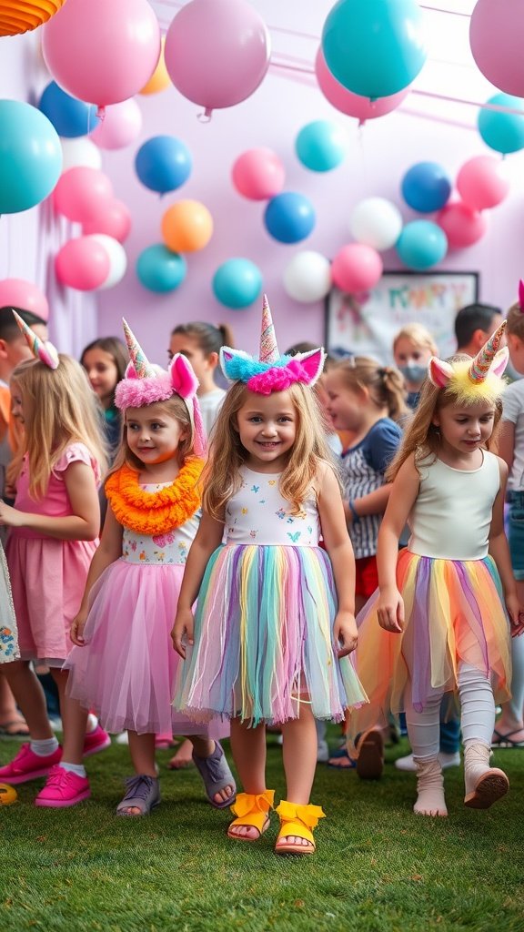 Children in colorful unicorn costumes at a birthday party with balloons