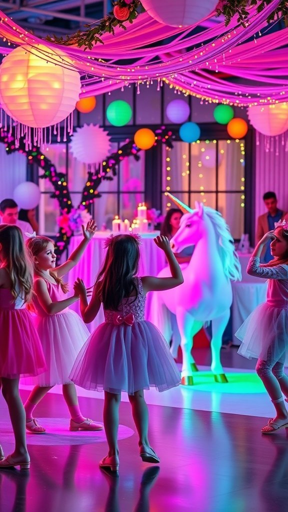 Children dancing at a unicorn-themed birthday party with colorful decorations and a unicorn statue.
