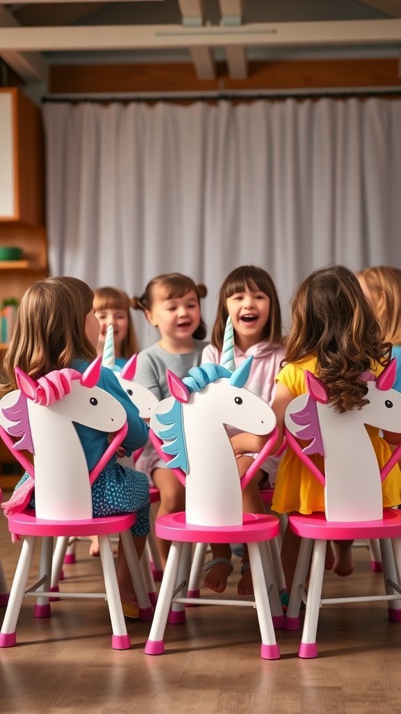 Children playing musical chairs with unicorn-themed chairs at a birthday party