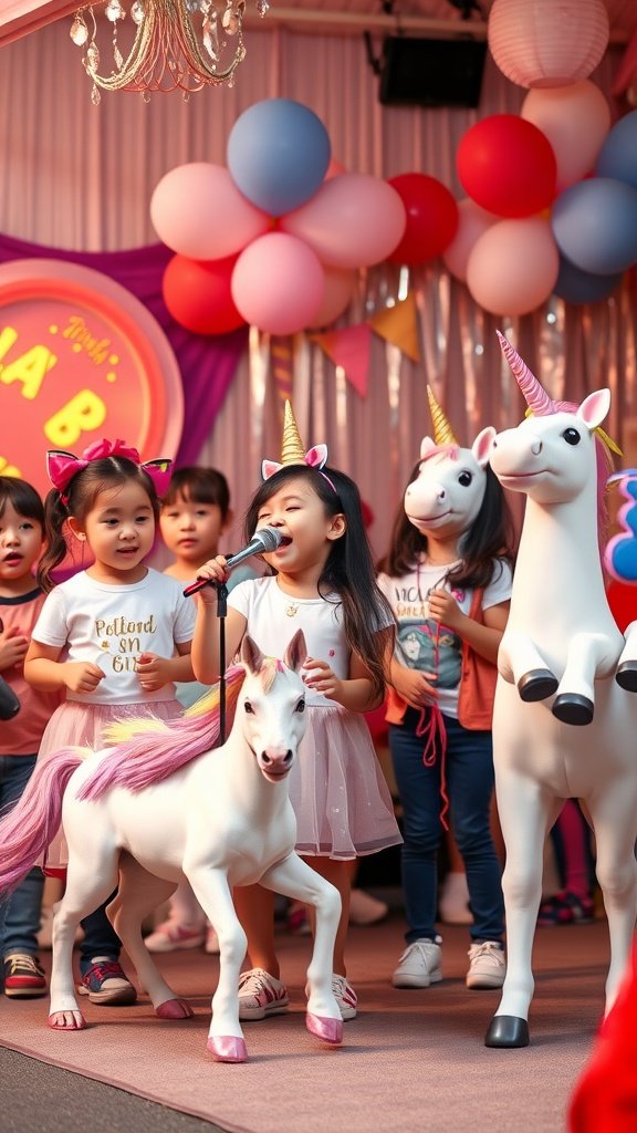 Children performing at a unicorn-themed birthday party with unicorn props and colorful decorations.