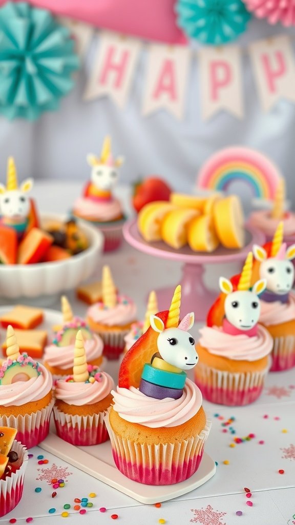 Colorful unicorn-themed cupcakes and snacks for a birthday party