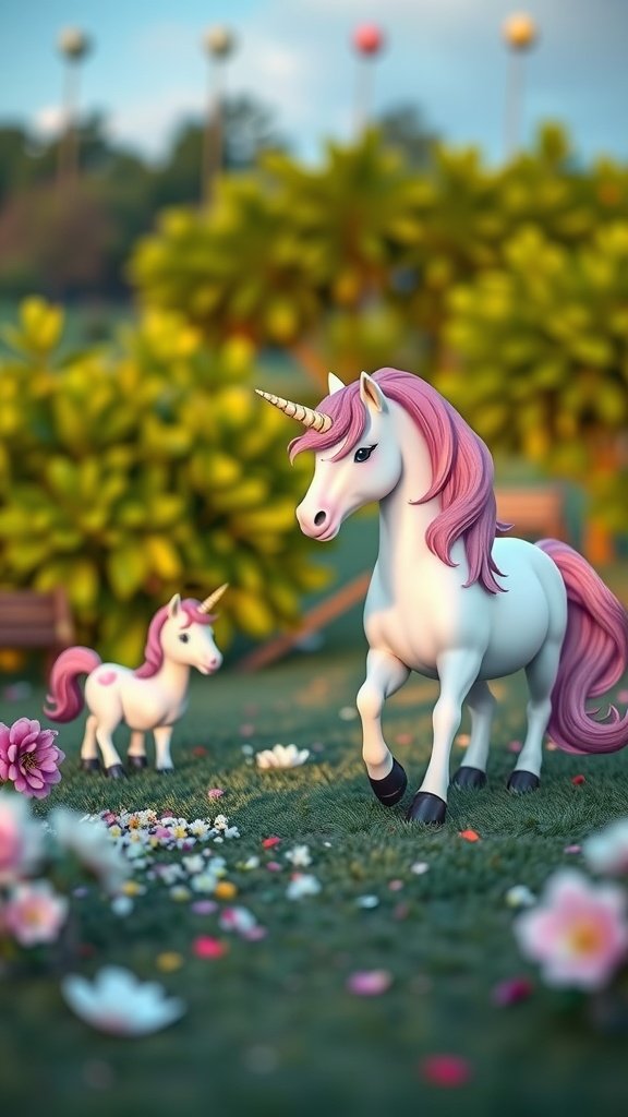 A beautiful scene featuring a unicorn and its foal in a magical setting, showcasing the theme of a Unicorn 2nd Birthday Party.