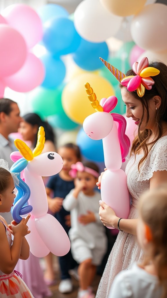 A pink and white balloon unicorn at a birthday party with colorful balloons in the background and children admiring it.