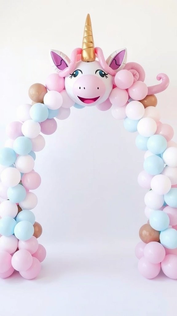 A colorful unicorn balloon arch with pastel balloons in pink, blue, and white, featuring a unicorn head at the top.