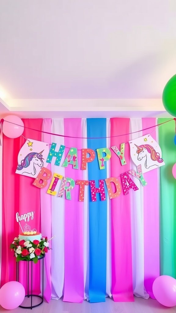 Colorful unicorn birthday banner with balloons and decorations