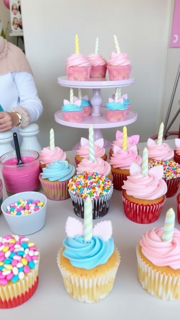 Cupcake decorating station with colorful unicorn-themed cupcakes and toppings