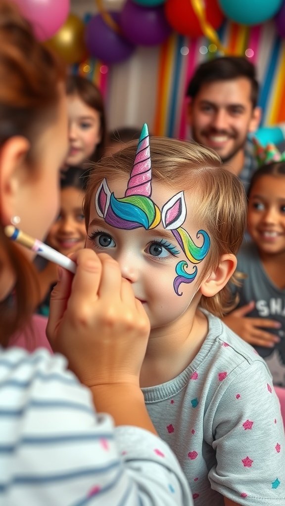A child with unicorn face painting at a birthday party with balloons in the background.